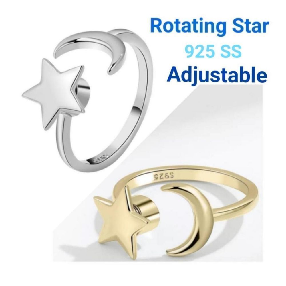 Moon & Rotating Star Ring - Adjustable - 925 SSP